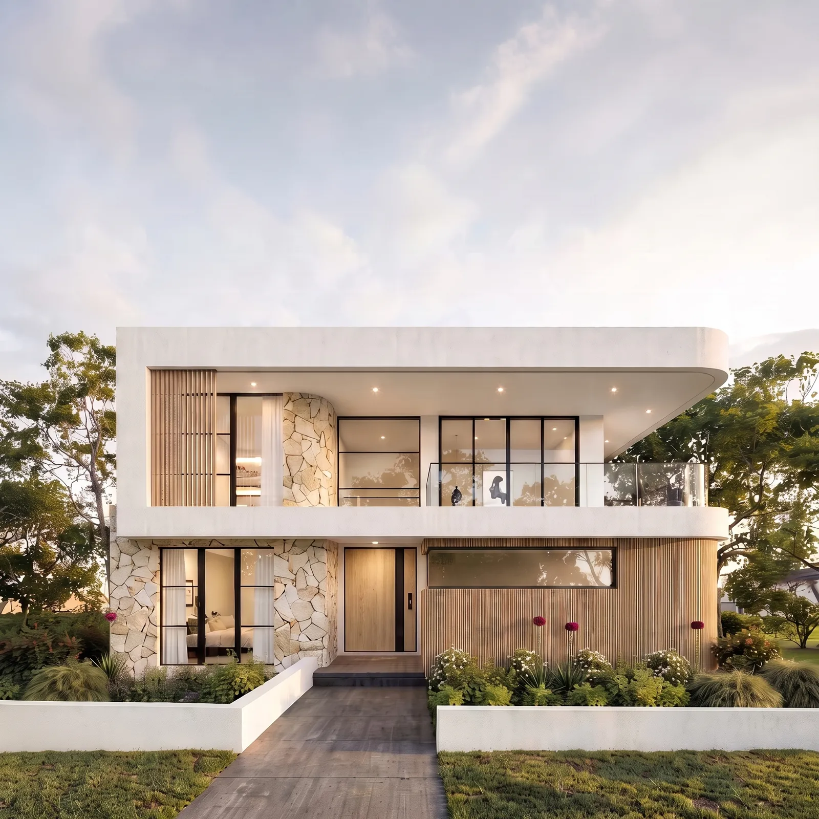 Modern two storey custom home facade with stone and timber detailing